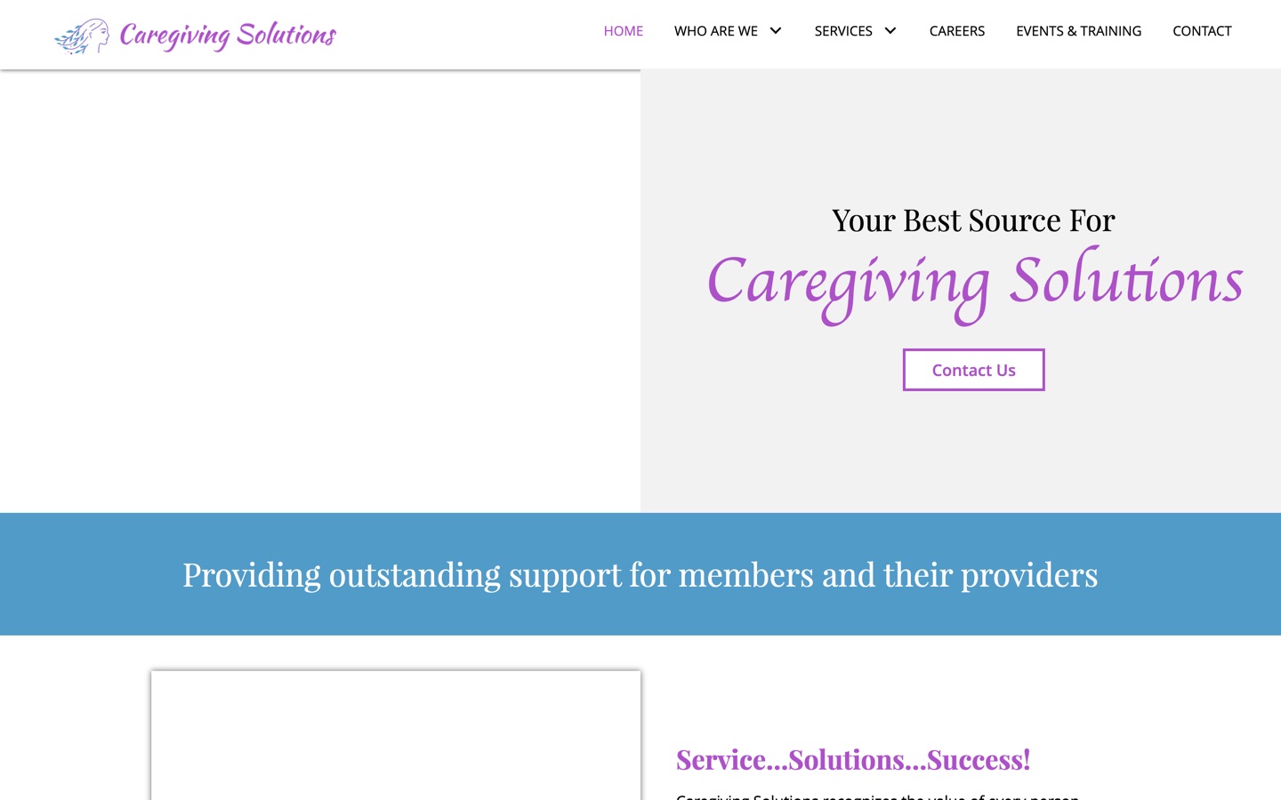 The old Caregiving Solutions homepage: Your Best Source For Caregiving Solutions, with a Contact Us button